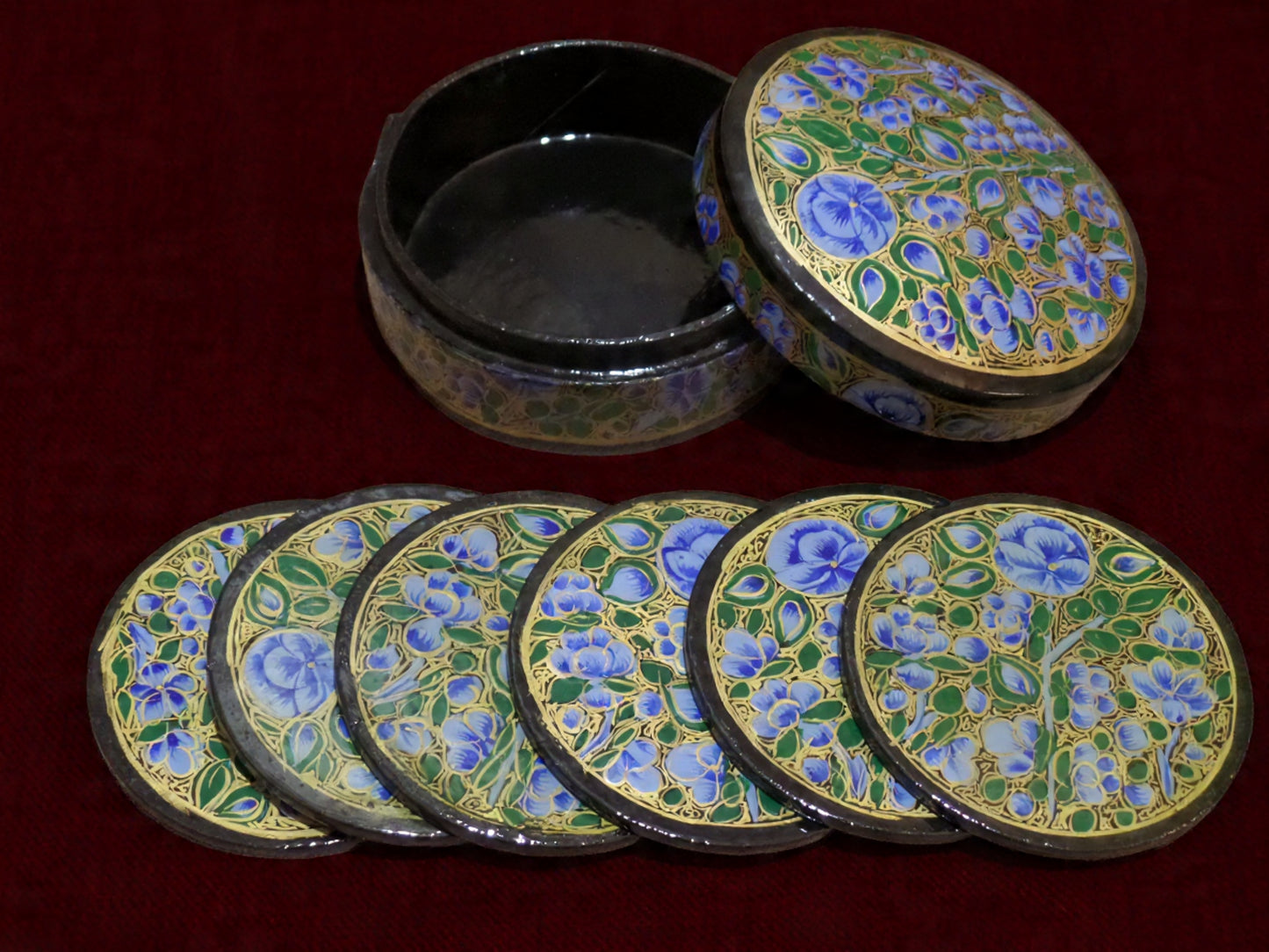 Kashmiri Papier Mâché Round Coaster Set – Hand Painted Cobalt Blue (Set of 6) | Artisan-Made | Handcrafted Heritage