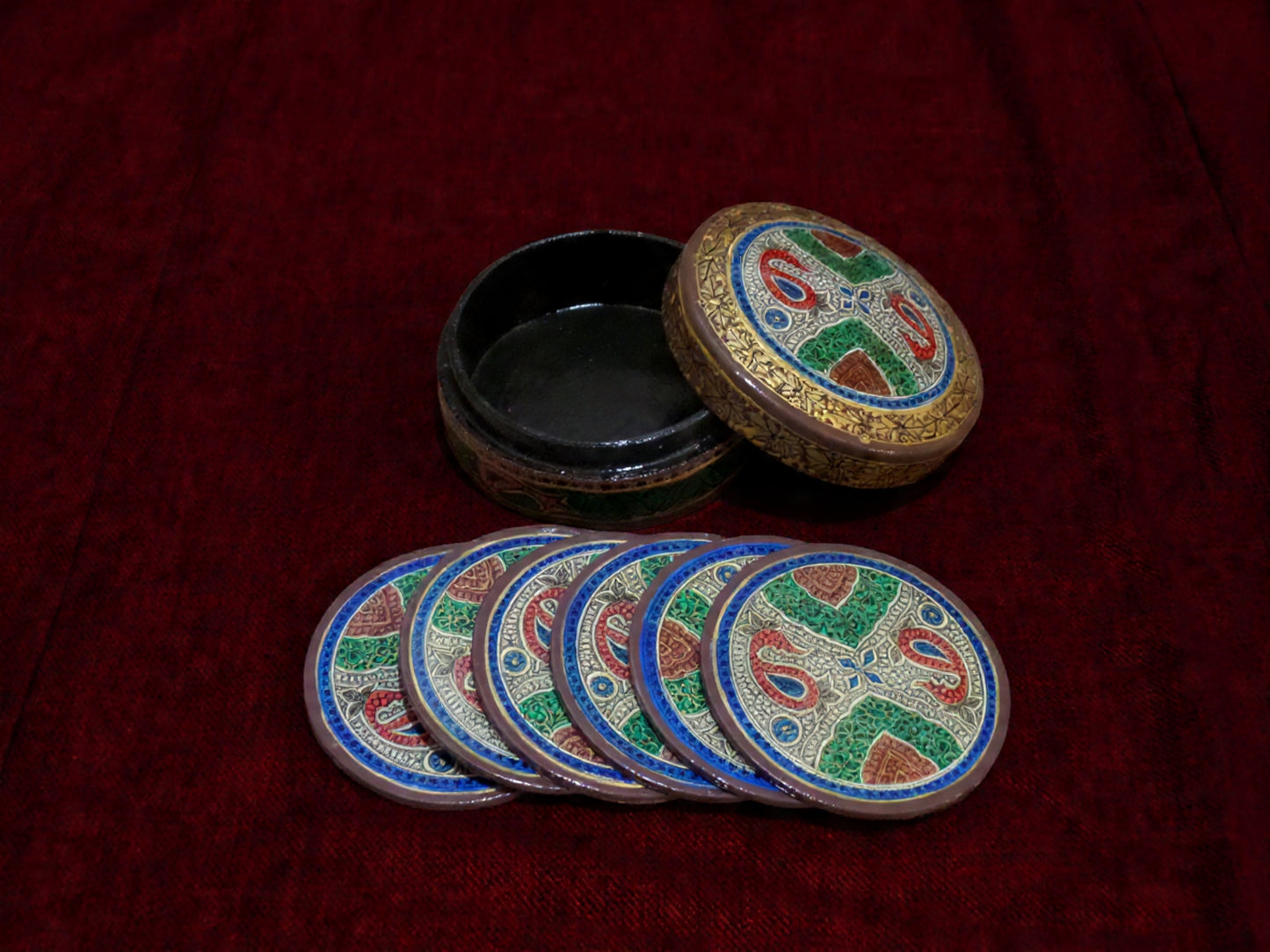 Kashmiri Papier Mâché Round Coaster Set – Hand-Painted Victorian Design (Set of 6) | Artisan-Made | Handcrafted Heritage