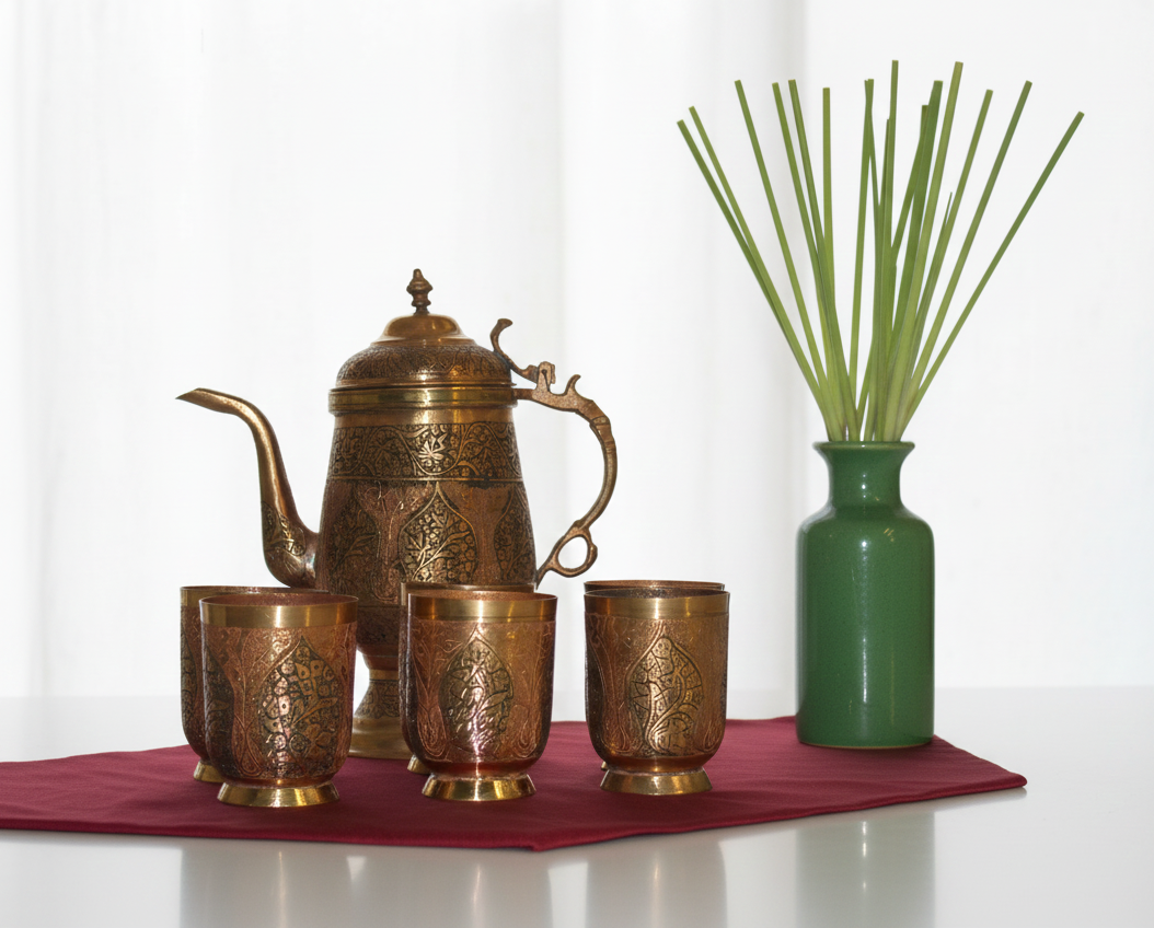 Kashmiri 6-Glasses Copper Jug Set