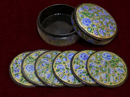 Kashmiri Papier Mâché Round Coaster Set – Hand Painted Cobalt Blue (Set of 6) | Artisan-Made | Handcrafted Heritage