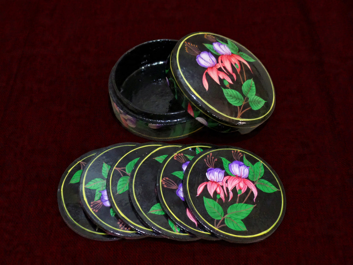 Kashmiri Papier Mâché Round Coaster Set – Hand-Painted Pink & Green Flower (Set of 6) | Artisan-Made | Handcrafted Heritage