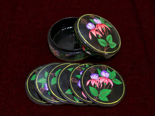 Kashmiri Papier Mâché Round Coaster Set – Hand-Painted Pink & Green Flower (Set of 6) | Artisan-Made | Handcrafted Heritage