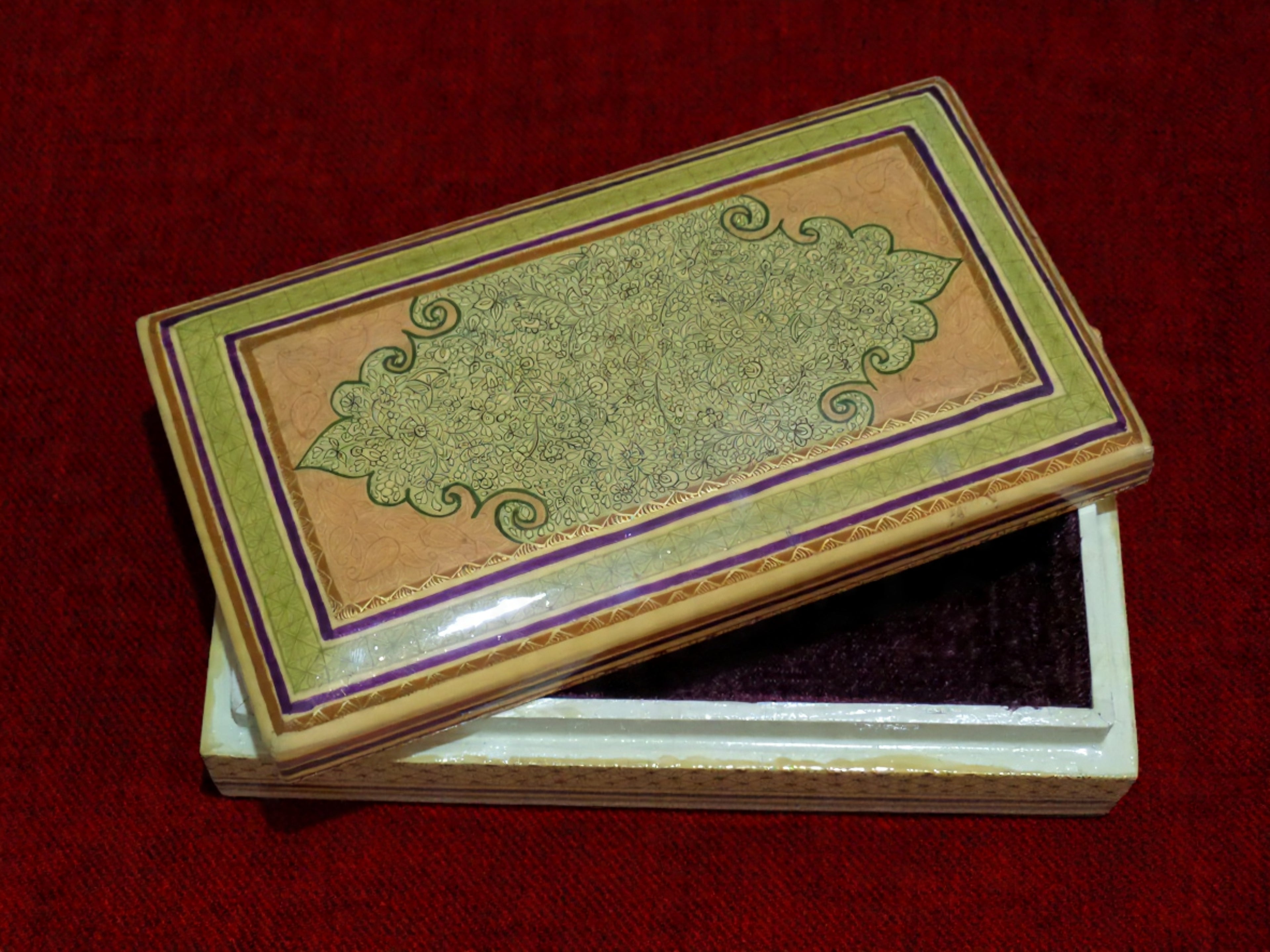 Kashmiri Papier Mâché Rectangular Box (Carpet Design) | 22K Gold, Pine | Artisan-Made