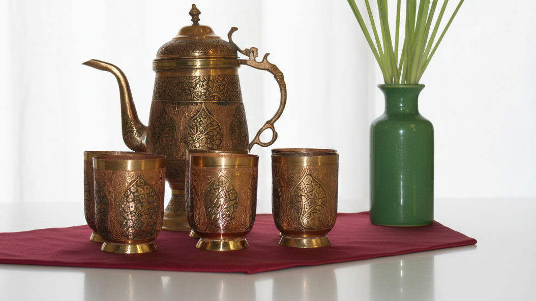 Kashmiri 6-Glasses Copper Jug Set