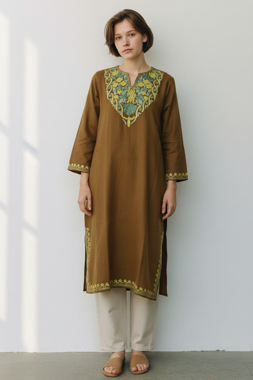 Kashmiri Light Green & Light Brown Aari Embroidered Woollen Pheran – Brown