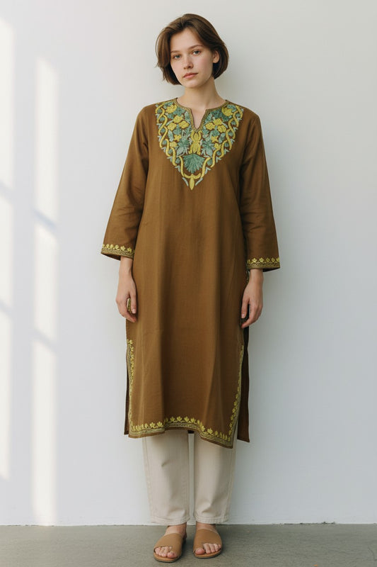 Kashmiri Light Green & Light Brown Aari Embroidered Woollen Pheran – Brown