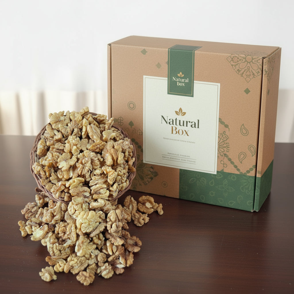 Walnuts in a wicker basket on a white background